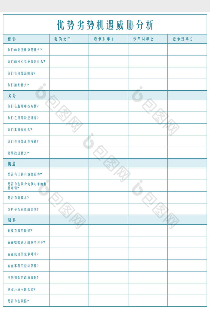 优劣势机遇威胁分析表Excel模板