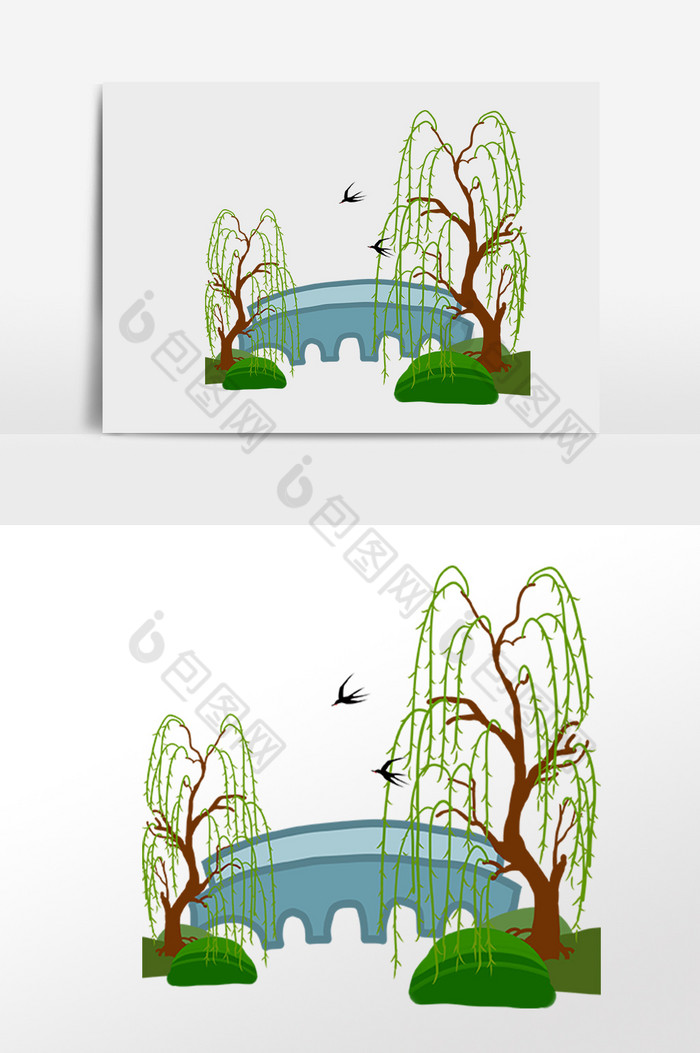 春季柳树石桥插画图片图片