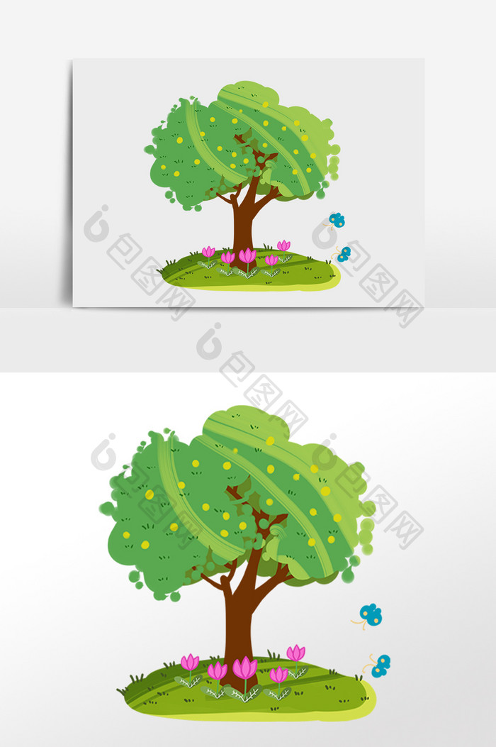 手绘绿色茂密树木插画