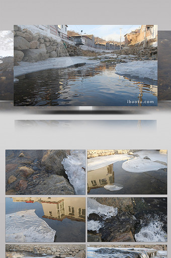 冬季小河流水乡村结冰200帧升格图片