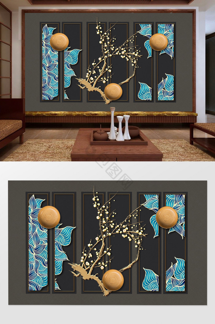 新中式线条花纹梅花屏风铁艺装饰背景墙图片