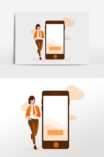 橙色调扁平互联网手机跑步上班的白领图片