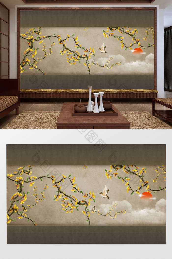 工笔手绘花鸟新中式背景墙装饰画