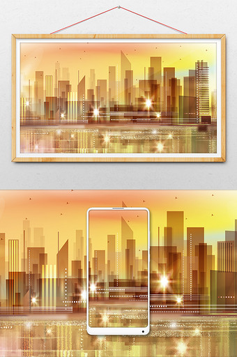 黄昏下印象派城市风光建筑插画图片
