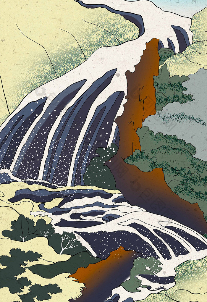 绿色山水瀑布风光矢量插画背景图