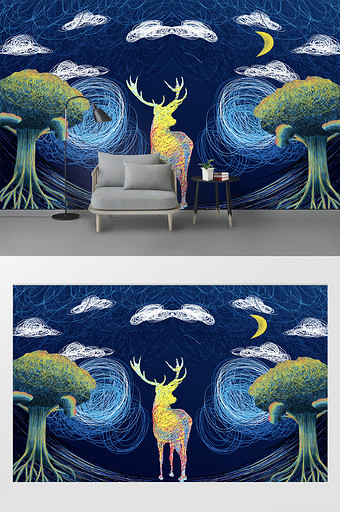现代手绘线条抽象梦幻夜色小鹿电视背景墙图片