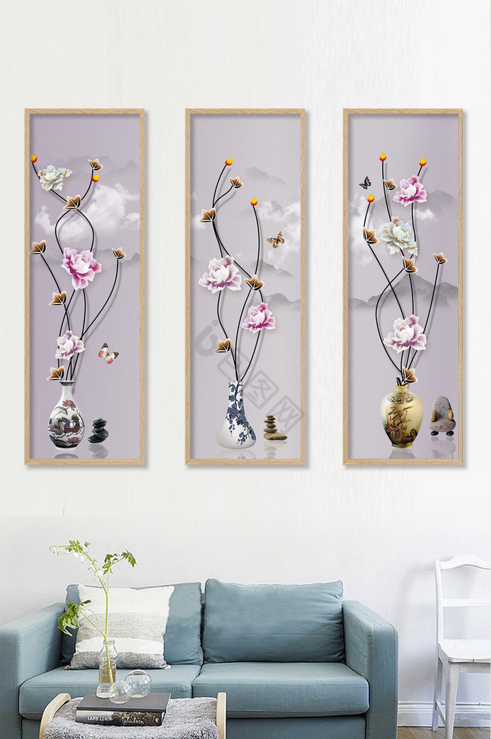 新中式牡丹花山水装饰画图片