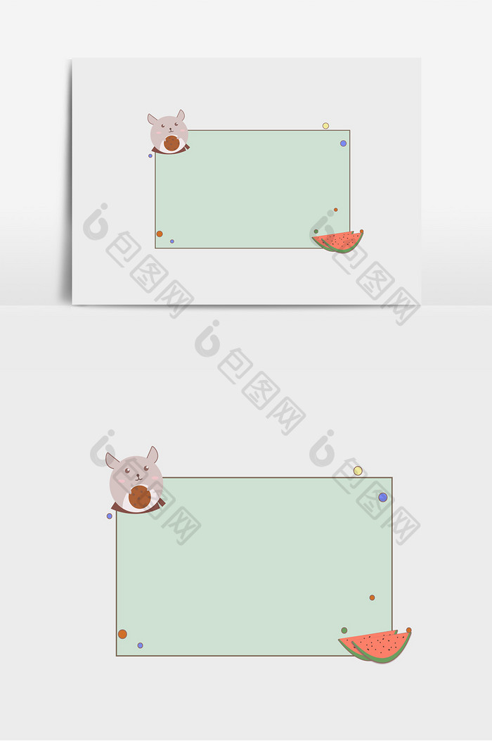 卡通动物兔子西瓜绿色边框底纹元素