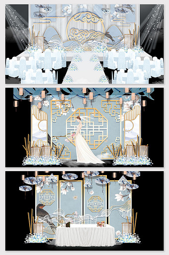 新中式小清新蓝色唯美婚礼效果图图片