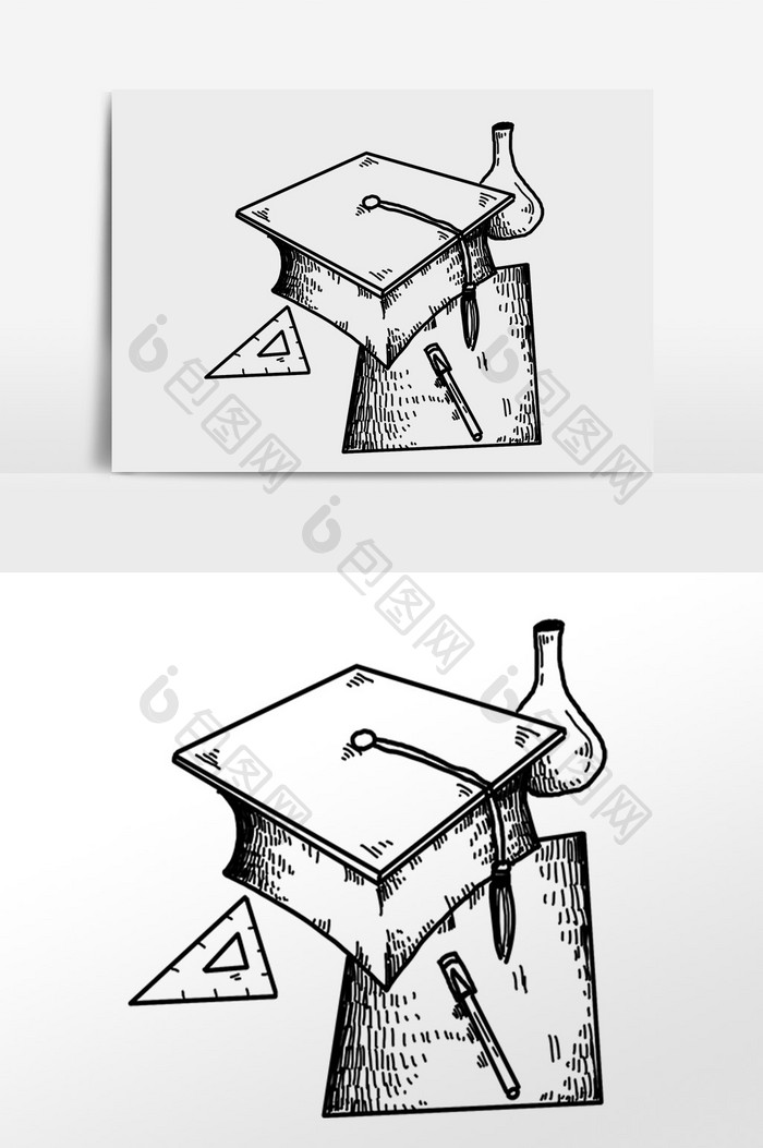 手绘线描学习学士帽插画