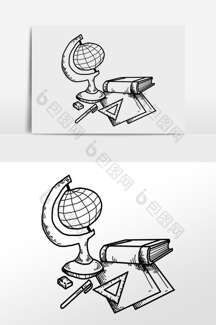 手绘线描文具书本地球仪插画