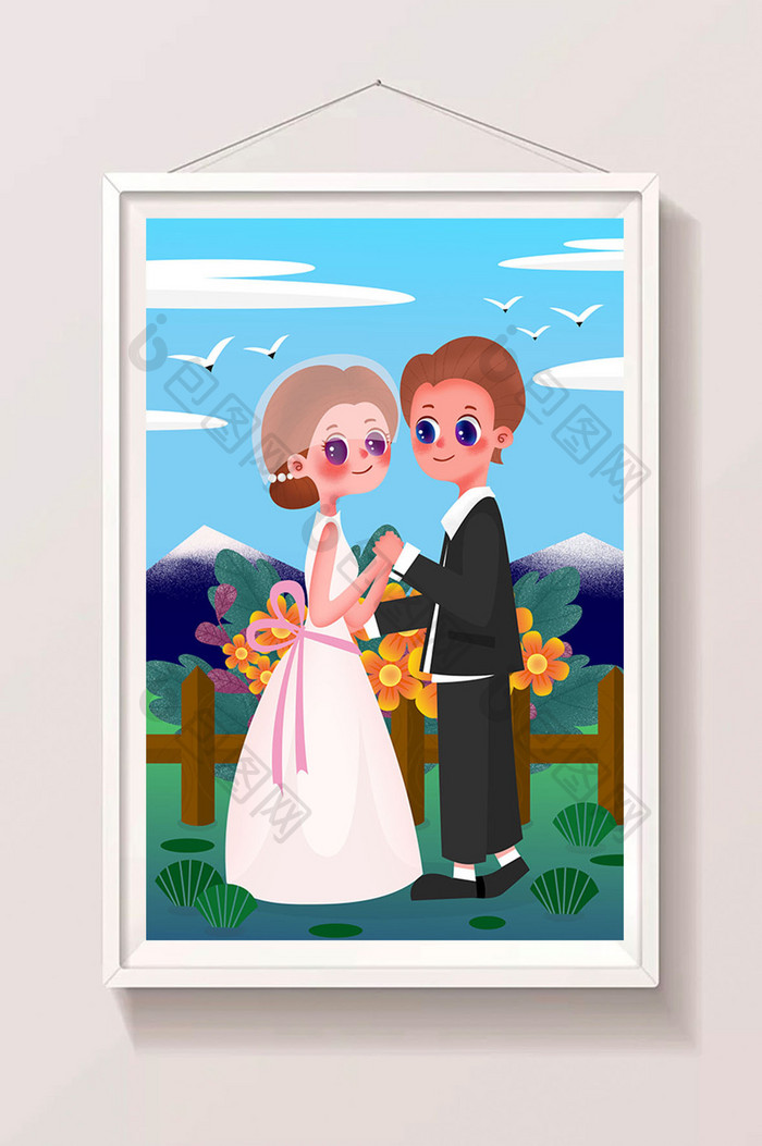 美式卡通人物情侣爱情结婚夫妻婚礼人像插画