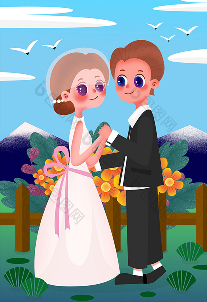 美式卡通人物情侣爱情结婚夫妻婚礼人像插画