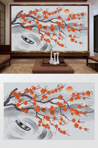 新中式写意水墨梅花背景壁画图片