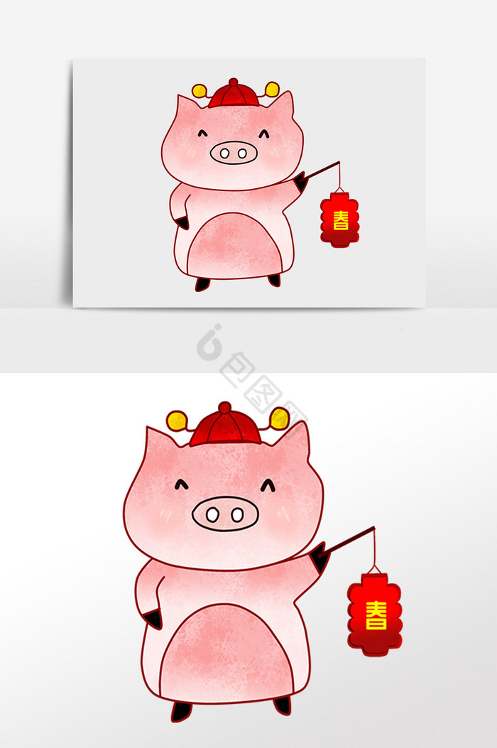 新年小猪打灯笼插画图片
