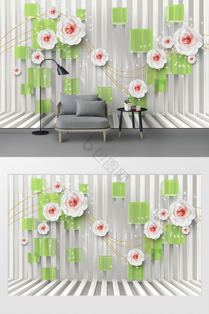 现代时尚3D立体玫瑰花金色线条简洁背景墙图片
