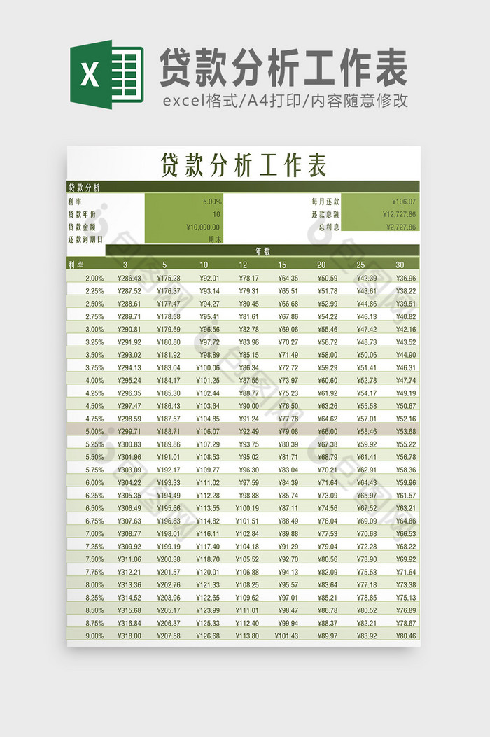 贷款分析工作表Excel模板图片图片
