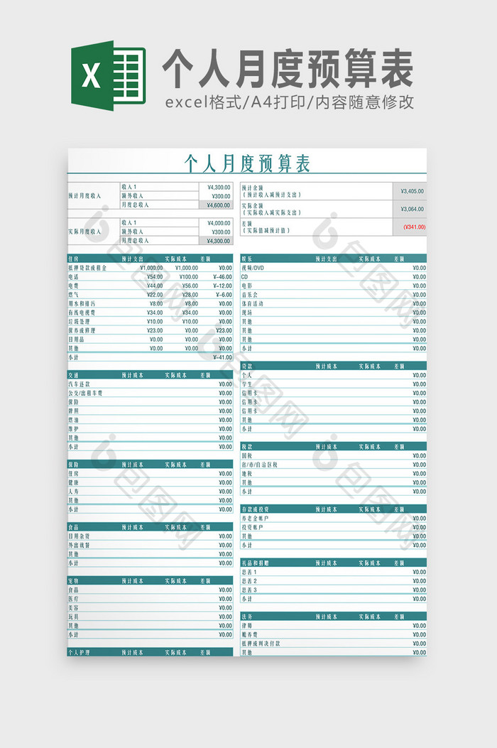 月度个人预算表Excel模板