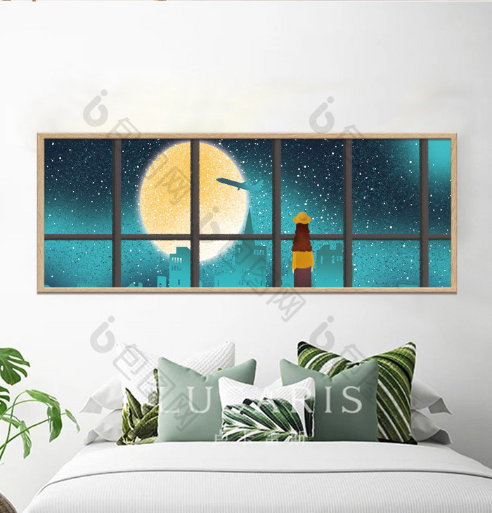 手绘夜晚月亮飞机场风景儿童房卧室装饰画
