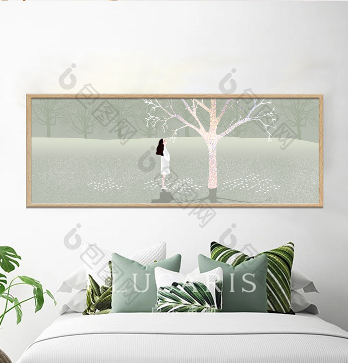 手绘森林树木下的女孩风景卧室装饰画