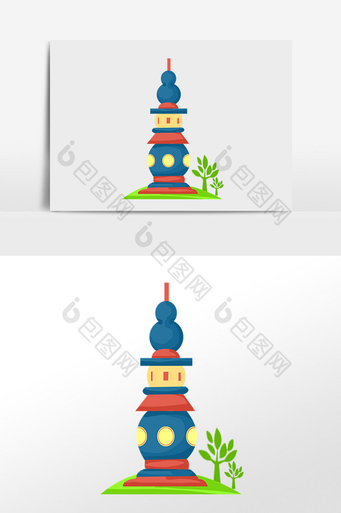 手绘标志建筑西湖白塔插画