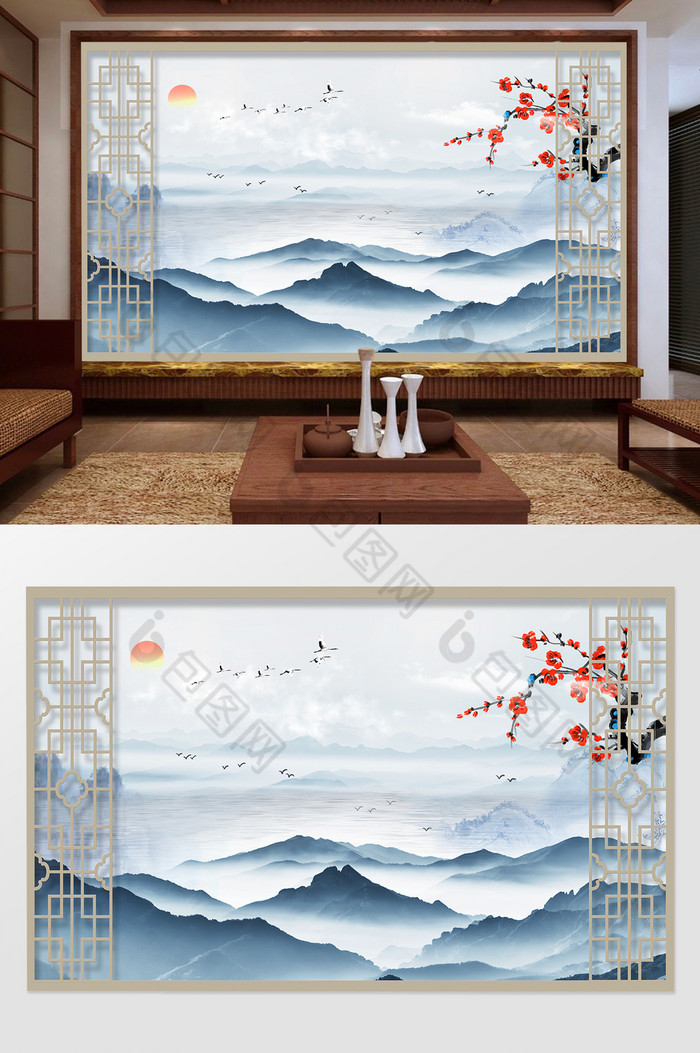 中式水墨山水意境风景梅花客厅背景墙图片图片