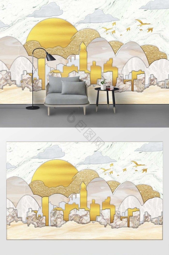 新现代简约手绘城市远山太阳纹理浮雕背景墙图片