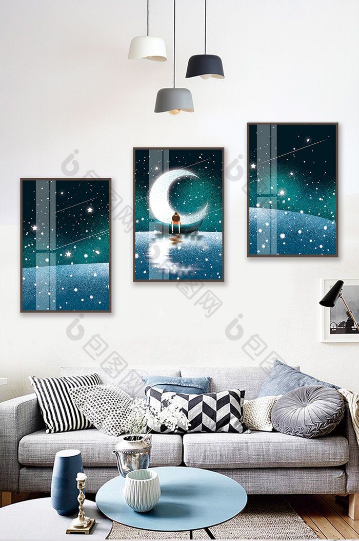 手绘月亮划船风景儿童房卧室晶磁装饰画图片图片