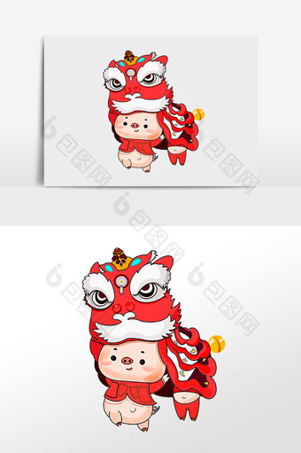 手绘春节舞狮的小猪插画图片