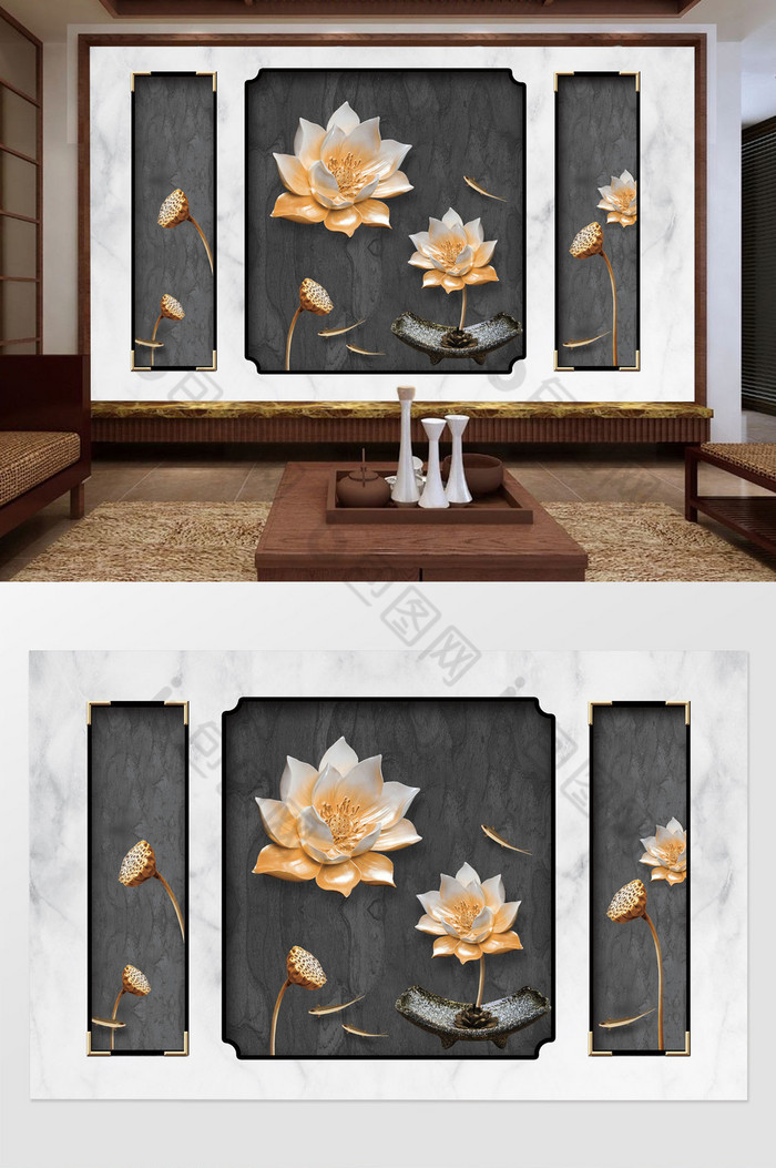 中式简洁大气时尚浮雕荷花莲藕客厅背景墙图片图片