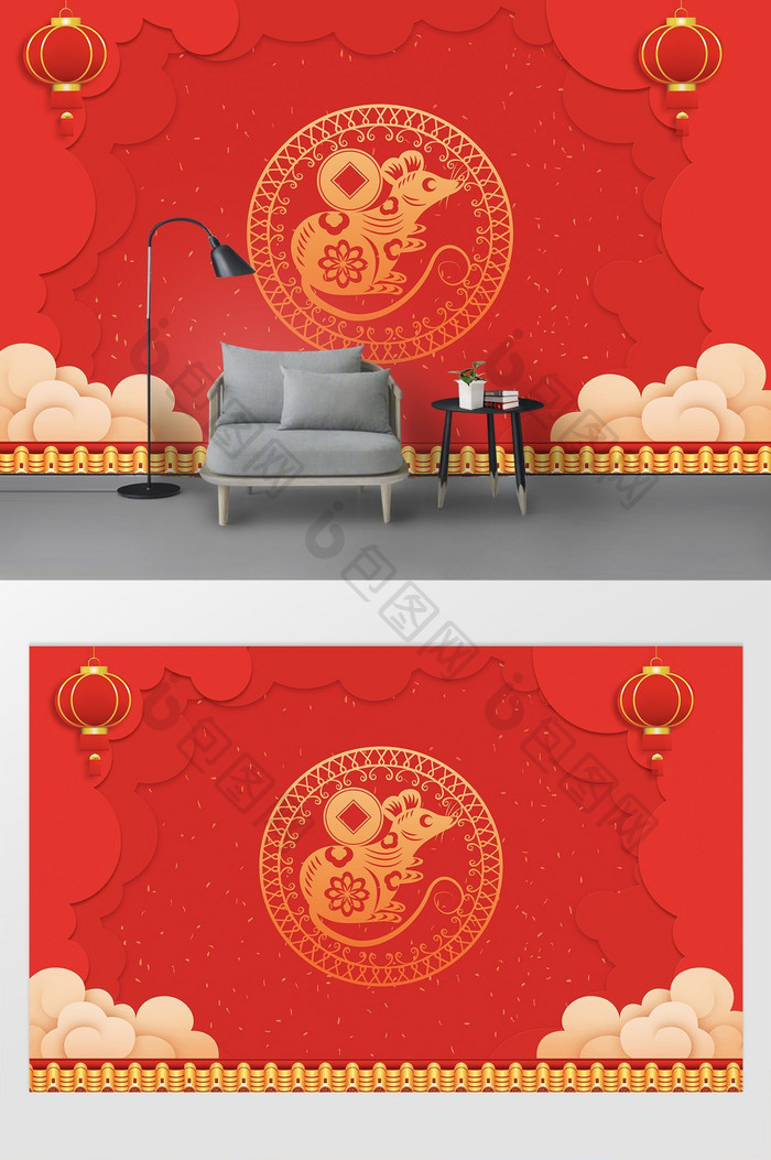 现代中国红喜庆新年剪纸花卉猪年电视背景墙