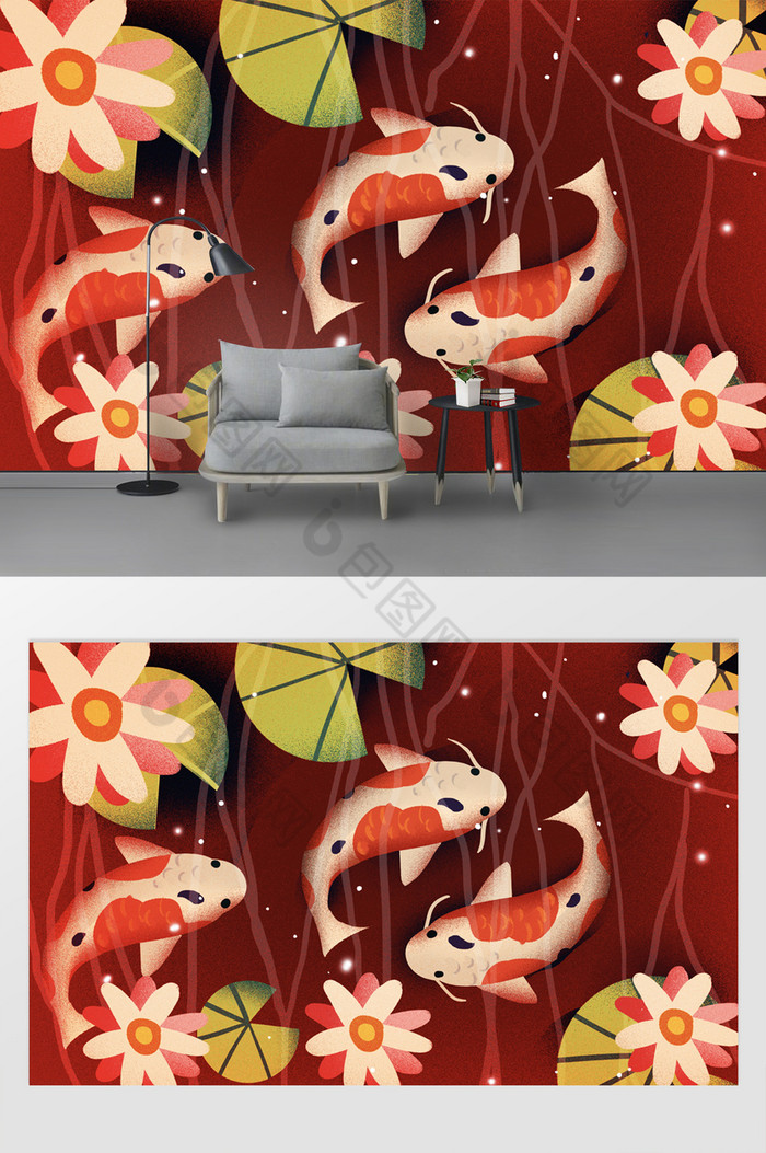 现代中国红喜庆时尚卡通锦鲤电视背景墙图片图片