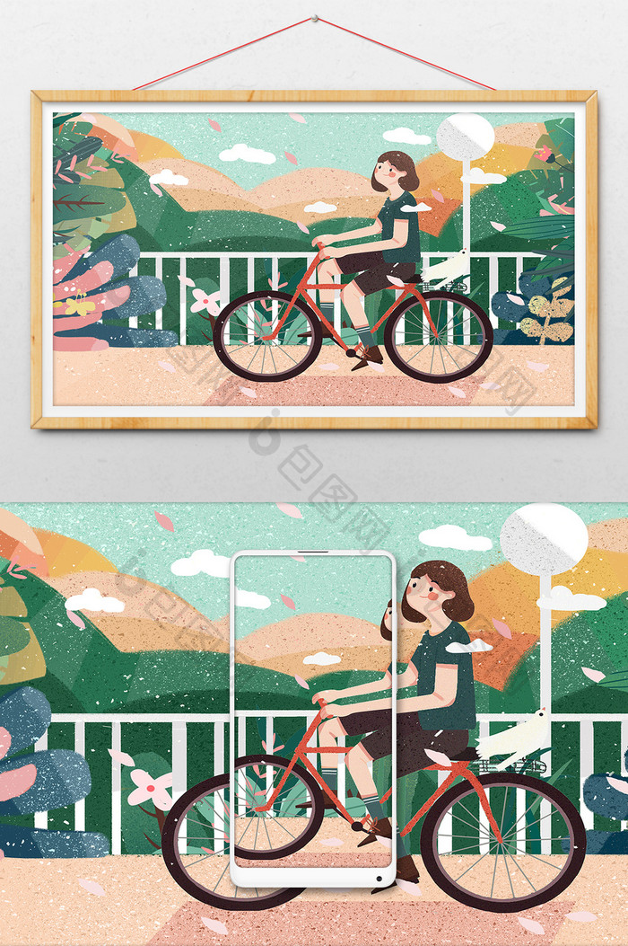 你好二月少女踏青春游骑车风景卡通扁平插画