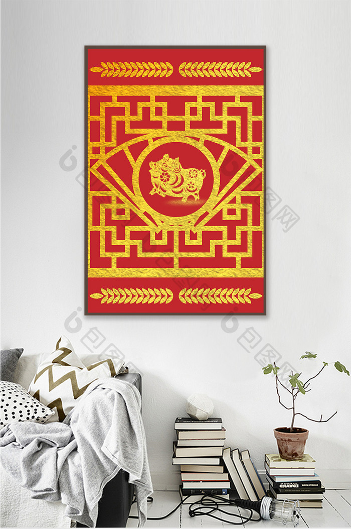 中国风格新春喜庆大红猪年客厅装饰画