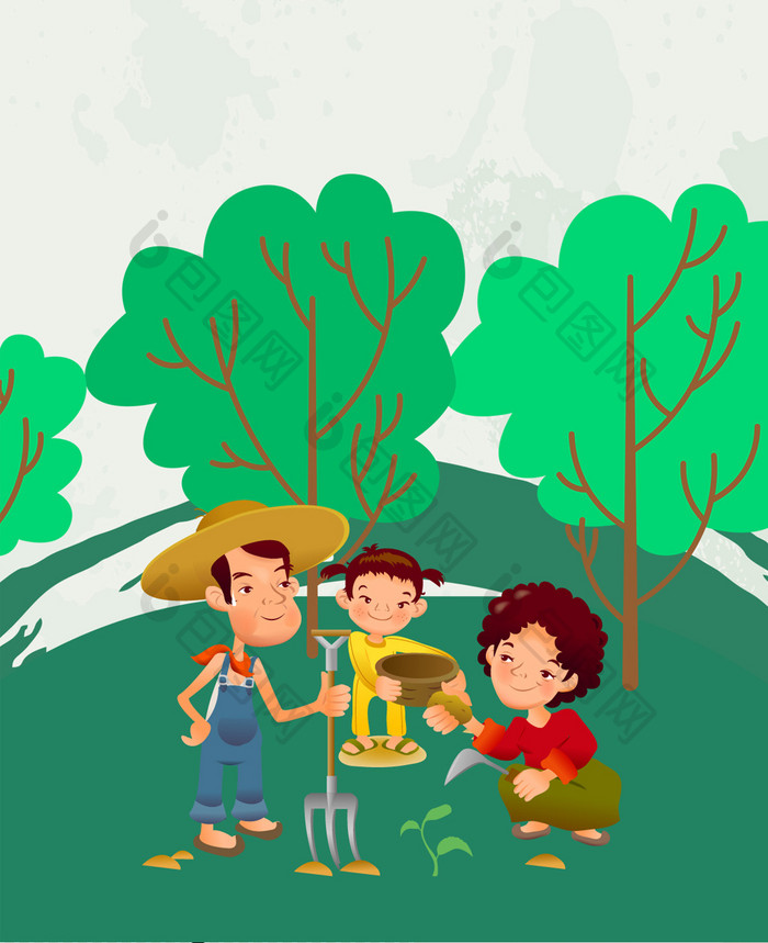 浅绿色一家人种树浇水植树节环保公益配图