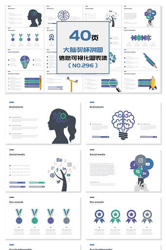 40页大脑奖杯拼图信息可视化PPT图表图片