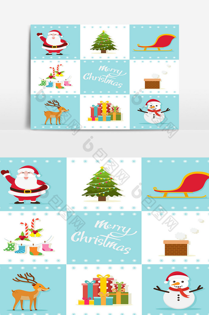 圣诞和新年装饰背景与袜子礼物圣诞老人雪人和圣诞树