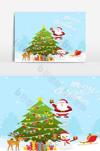 圣诞和新年装饰背景与圣诞老人和圣诞树图片