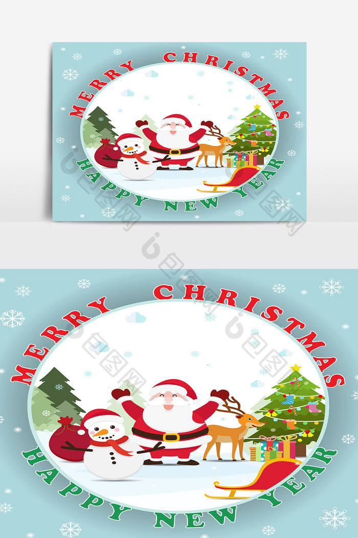 圣诞和新年装饰背景与圣诞老人雪人和圣诞树