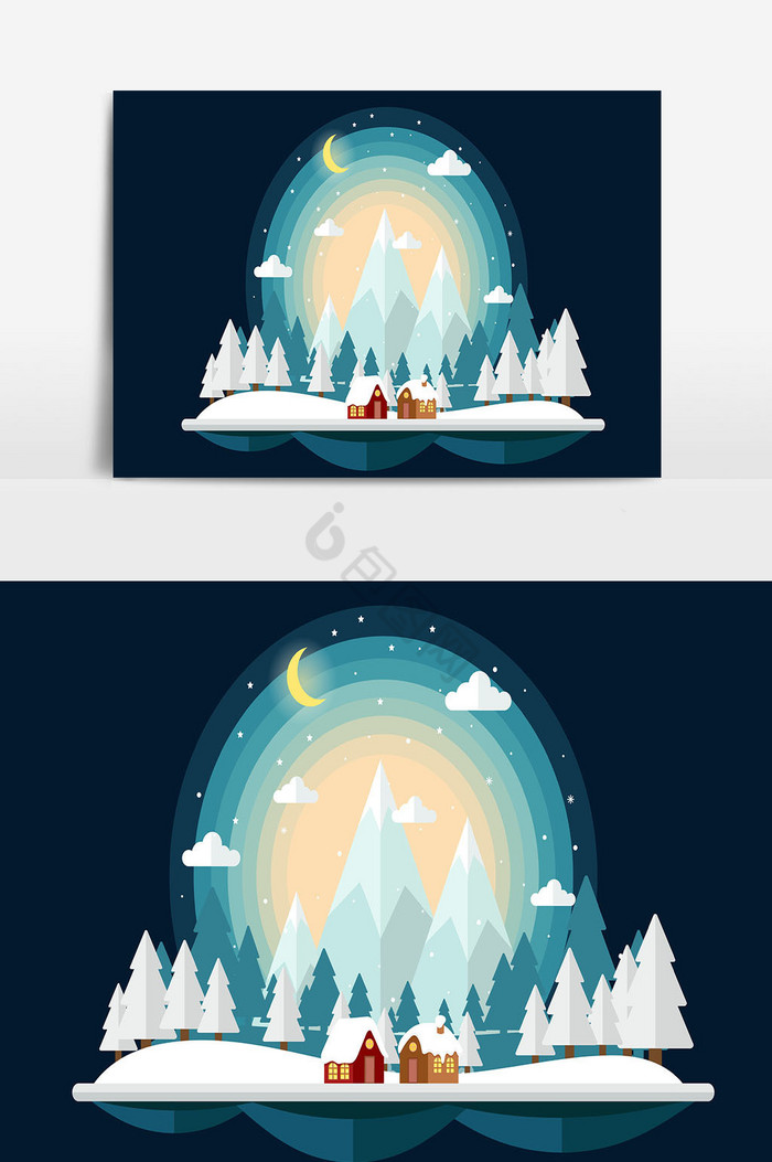 圣诞和景观与树和房子在冰的世界图片
