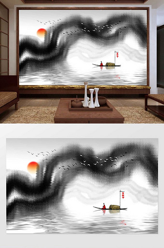 新中式禅意水墨山水客厅背景图片