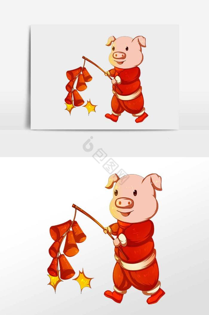 新年猪猪放鞭炮插画图片