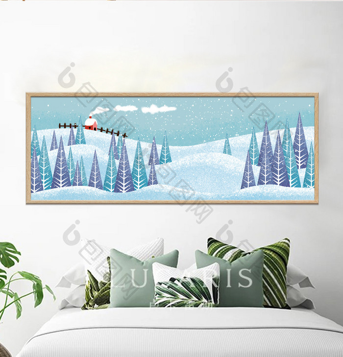 手绘冬季森林山丘上的房屋风景儿童房装饰画