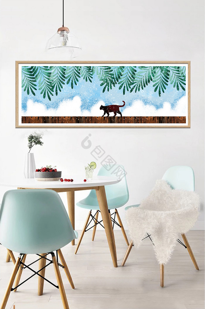 手绘天空木板上的猫风景客厅卧室床头装饰画图片
