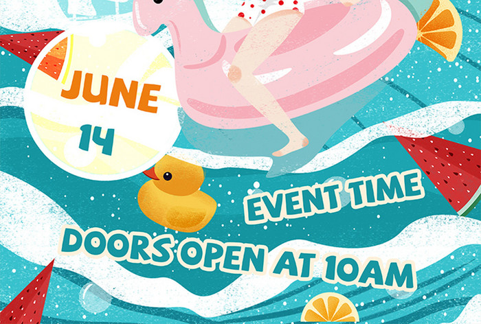 夏日泳池派对波浪可爱插画手绘活动海报