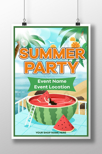 夏日派对沙滩、海洋和椰树活动海报图片
