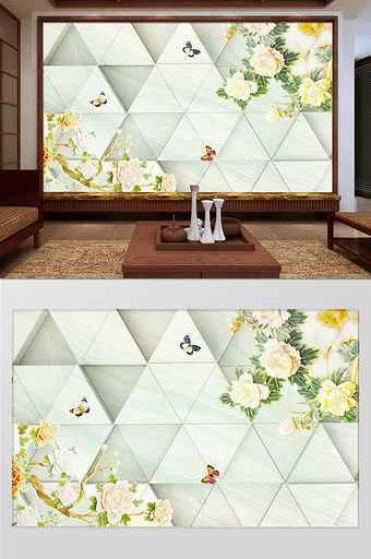 新中式大理石纹玉雕牡丹花国画背景墙图片