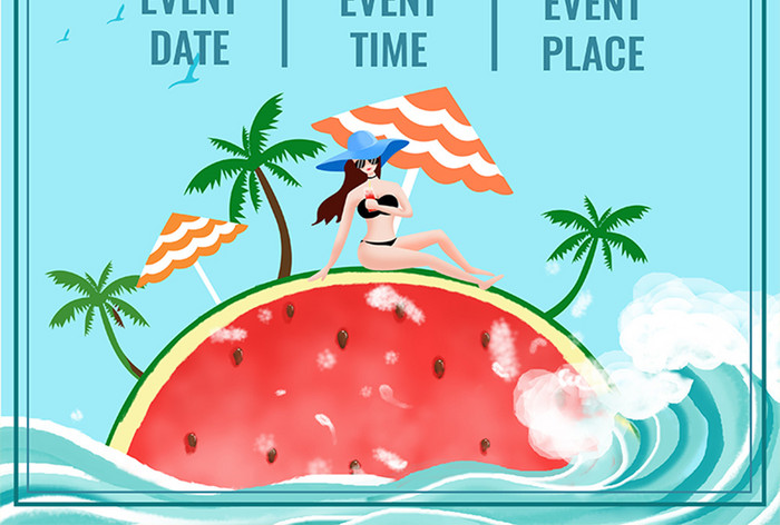 夏日促销鲜波西瓜日光浴男子椰子树活动海报