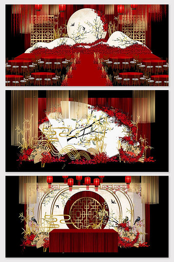 中国风大气红色喜庆婚礼舞台效果图图片