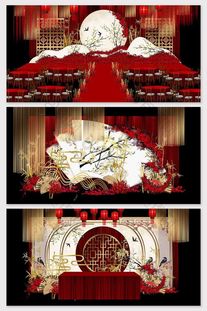 中国风大气红色喜庆婚礼舞台效果图